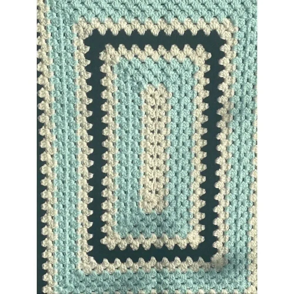 Handmade Crochet Afghan Blanket Blue Cream Rectangular Throw Boho Baby Nursery